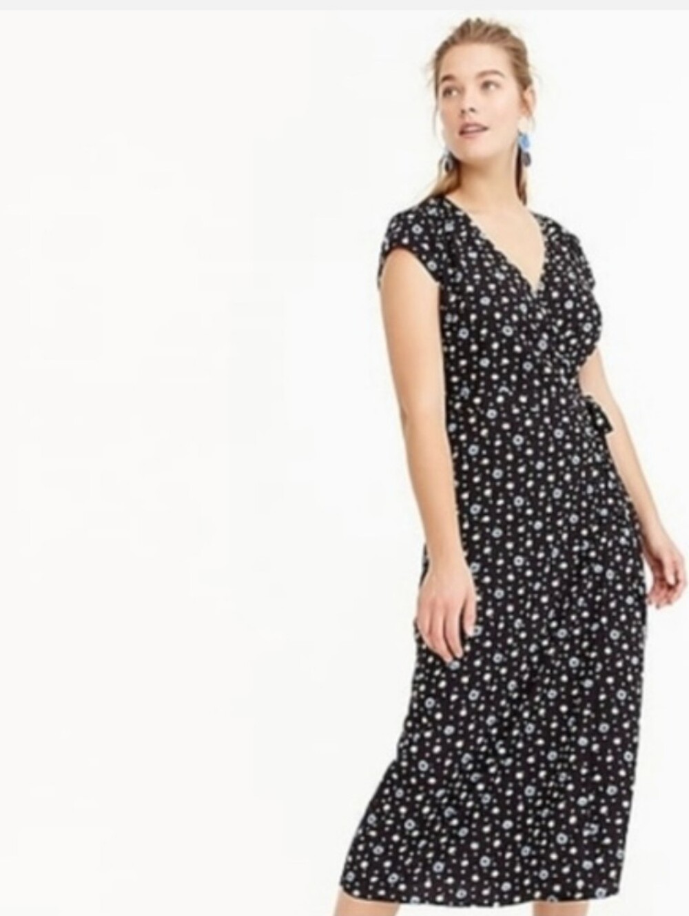 J. Crew Black Midi Wrap Dress with Blue & White Floral Print